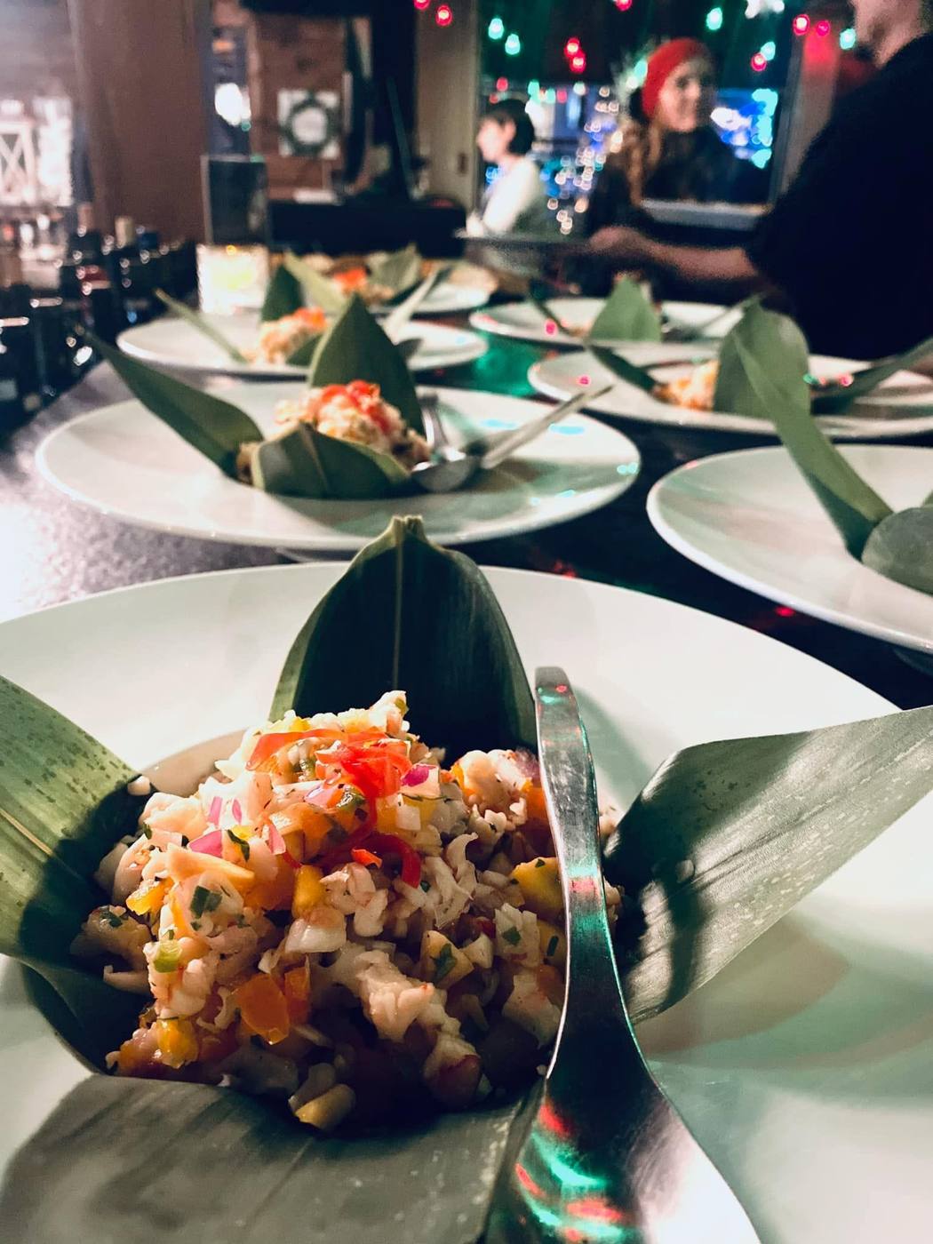 Seafood ceviche in a leaf cup